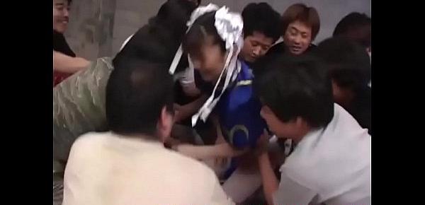 Chun-Li Cosplay Japanese Babe groped in huge bukkake gangbang